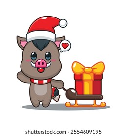 Cute boar carrying christmas gift box. Cartoon vector illustration in Christmas day.