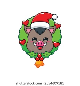 Cute boar in christmas day. Cartoon vector illustration in Christmas day.