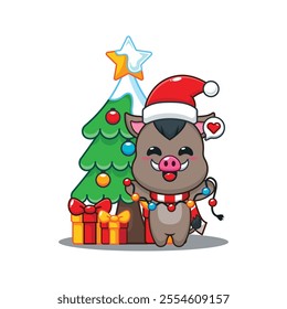 Cute boar with christmas lamp. Cartoon vector illustration in Christmas day.