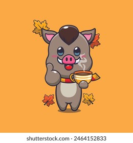 Cute boar with coffee in autumn season. Mascot cartoon vector illustration suitable for poster, brochure, web, mascot, sticker, logo and icon.