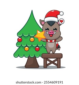 Cute boar decorating the Christmas tree on Christmas day. Cartoon vector illustration in Christmas day.