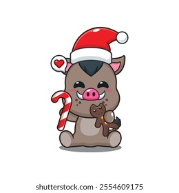 Cute boar eating christmas cookies and candy. Cartoon vector illustration in Christmas day.