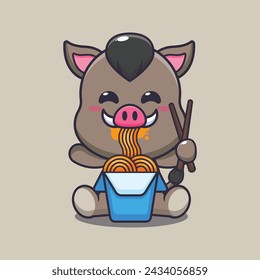 Cute boar eating noodle cartoon vector illustration. Vector cartoon Illustration suitable for poster, brochure, web, mascot, sticker, logo and icon.