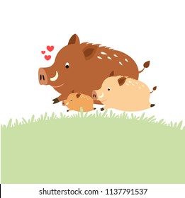 Cute Boar family cartoon vector illustration. Mom and baby 