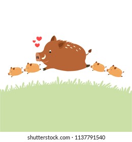 Cute Boar family cartoon vector illustration. Mom and baby 