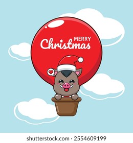 Cute boar fly with air balloon. Cartoon vector illustration in Christmas day.