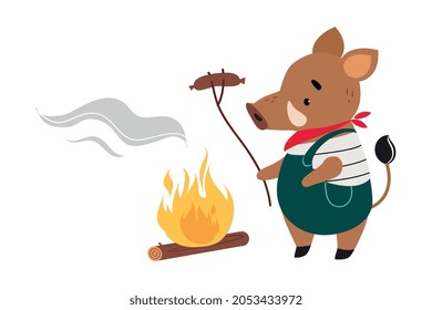 Cute Boar as Forest Animal in Jumpsuit Frying Sausage on Stick in Campfire Vector Illustration