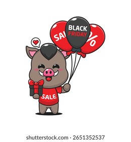 javali bonito com presentes e balões na sexta-feira preta venda desenho animado vetor ilustração