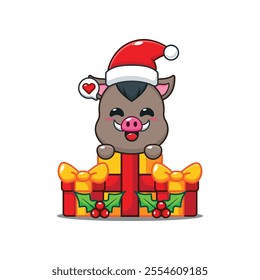 Cute boar happy with christmas gift. Cartoon vector illustration in Christmas day.