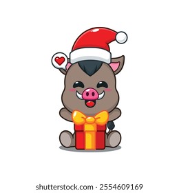 Cute boar is happy to receive a Christmas gift. Cute christmas cartoon illustration.