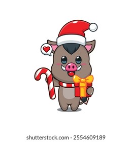 Cute boar holding christmas candy and gift. Cartoon vector illustration in Christmas day.