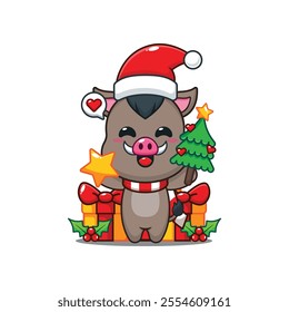 Cute boar holding star and christmas tree. Cartoon vector illustration in Christmas day.