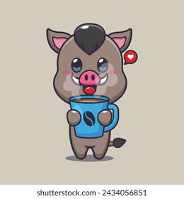 Cute boar with hot coffee cartoon vector illustration. Vector cartoon Illustration suitable for poster, brochure, web, mascot, sticker, logo and icon.