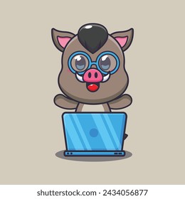 Cute boar with laptop cartoon vector illustration. Vector cartoon Illustration suitable for poster, brochure, web, mascot, sticker, logo and icon.