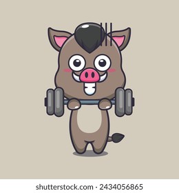 Cute boar lifting barbell cartoon vector illustration. Vector cartoon Illustration suitable for poster, brochure, web, mascot, sticker, logo and icon.
