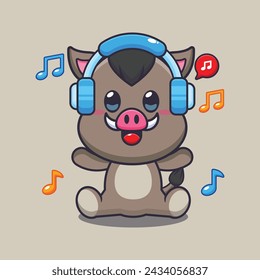 Cute boar listening music with headphone cartoon vector illustration. Vector cartoon Illustration suitable for poster, brochure, web, mascot, sticker, logo and icon.