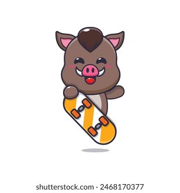 Cute boar mascot cartoon character with skateboard. Vector cartoon Illustration suitable for poster, brochure, web, mascot, sticker, logo and icon.