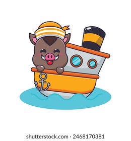 Nette Eber Maskottchen Cartoon Charakter auf dem Schiff. Vektorgrafik Cartoon Illustration geeignet für Poster, Broschüre, Web, Maskottchen, Aufkleber, Logo und Ikone.