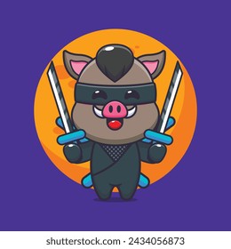 Cute jabalí ninja ilustración vectorial de dibujos animados. Ilustración de dibujos animados vectoriales adecuada para póster, folleto, web, mascota, etiqueta engomada, logotipo e icono.