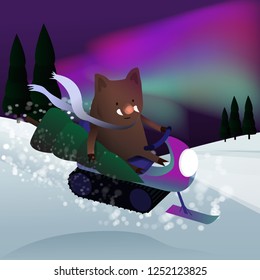 cute boar on a snowmobile rides through the Christmas forest with a Christmas tree on the background of the Northern lights - pig vector character illustration