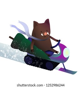 cute boar on a snowmobile rides with a Christmas tree - pig vector character illustration