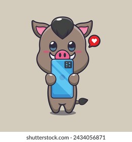 Cute boar with phone cartoon vector illustration. Vector cartoon Illustration suitable for poster, brochure, web, mascot, sticker, logo and icon.