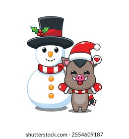 Cute boar playing with Snowman. Cartoon vector illustration in Christmas day.