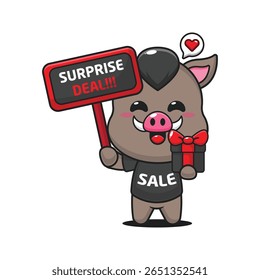 javali bonito com sinal de promoção e caixa de presente na ilustração do vetor do desenho animado da venda de sexta-feira preta	