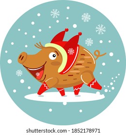 Cute boar running, catching snowflakes. little wild pig in warm cap and socks, funny cartoon character, vector illustration, could be used for Christmas card, winter design, etc 