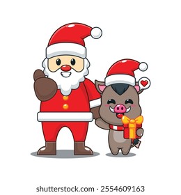 Cute boar with santa claus. Cartoon vector illustration in Christmas day.