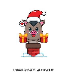 Cute boar with santa hat holding Christmas gift box in the chimney. Cartoon vector illustration in Christmas day.