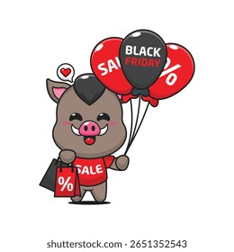 javali bonito com saco de compras e balão na sexta-feira preta venda desenho animado vetor ilustração
