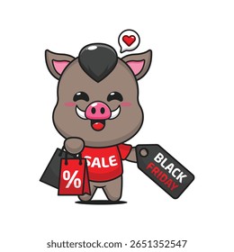 javali bonito com saco de compras e preto sexta-feira venda desconto desenho animado vetor ilustração	