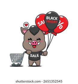 javali bonito com carrinho de compras e balão na sexta-feira preta venda desenho animado vetor ilustração