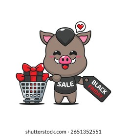 cute boar with shopping cart and discount coupon black friday sale cartoon vector illustration