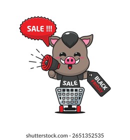 bonitinho javali no carrinho de compras está promovendo a venda de sexta-feira preta com megafone desenho animado vetor ilustração