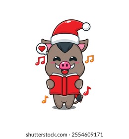 Cute boar sing a christmas song. Cartoon vector illustration in Christmas day.