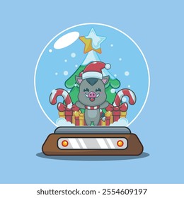 Cute boar in snow globe. Cartoon vector illustration in Christmas day.