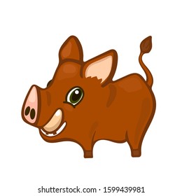 Cute boar vector character on white background. Smiling boar mascot. Wild pig or swine cartoon character with big eyes. Wild forest piglet. Herbivorous animal symbol. Optimistic boar icon isolated