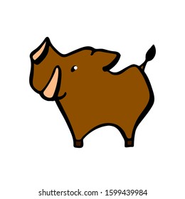 Cute boar vector character on white background. Brown boar with fang and snout isolated. Simple pig handdrawn logo with black outline. Wild forest animal sticker. Lovely piglet children logo