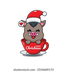 Cute boar wearing Santa Claus hat in cup. Cartoon vector illustration in Christmas day.