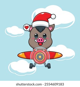 Cute boar wearing santa hat fly with plane. CCartoon vector illustration in Christmas day.