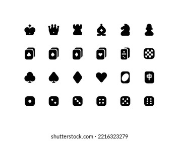 Cute board games solid glyph icon set with card games related icons