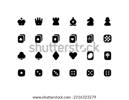 Cute board games solid glyph icon set with card games related icons