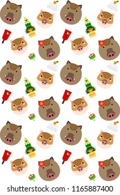 Cute boars and Japanese new year symbols  background