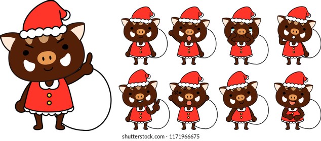 Cute Boar's Santa Claus emotional expression set
