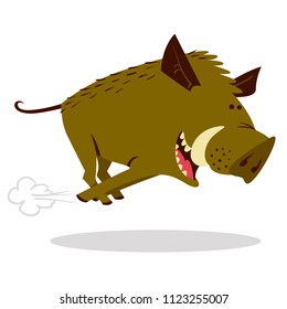 Cute boars or warthog character with acorn. Vector illustration with running wild pig. Forest inhabitant in cartoon flat style. Chinese horoscope personage 