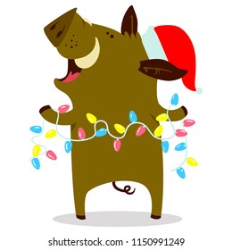 Cute boars or warthog character with Christmas garland. Vector illustration with pig in Santa hat. Winter holidays decorations. Forest inhabitant in cartoon flat style. Chinese horoscope personage