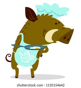 Cute boars or warthog character as cook. Vector illustration with shef cool pig ewith pan and omelet. Forest inhabitant in cartoon flat style. Chinese horoscope personage