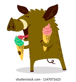 Cute boars or warthog character with ice cream. Vector illustration with wild pig eating dessert. Forest inhabitant in cartoon flat style. Chinese horoscope personage